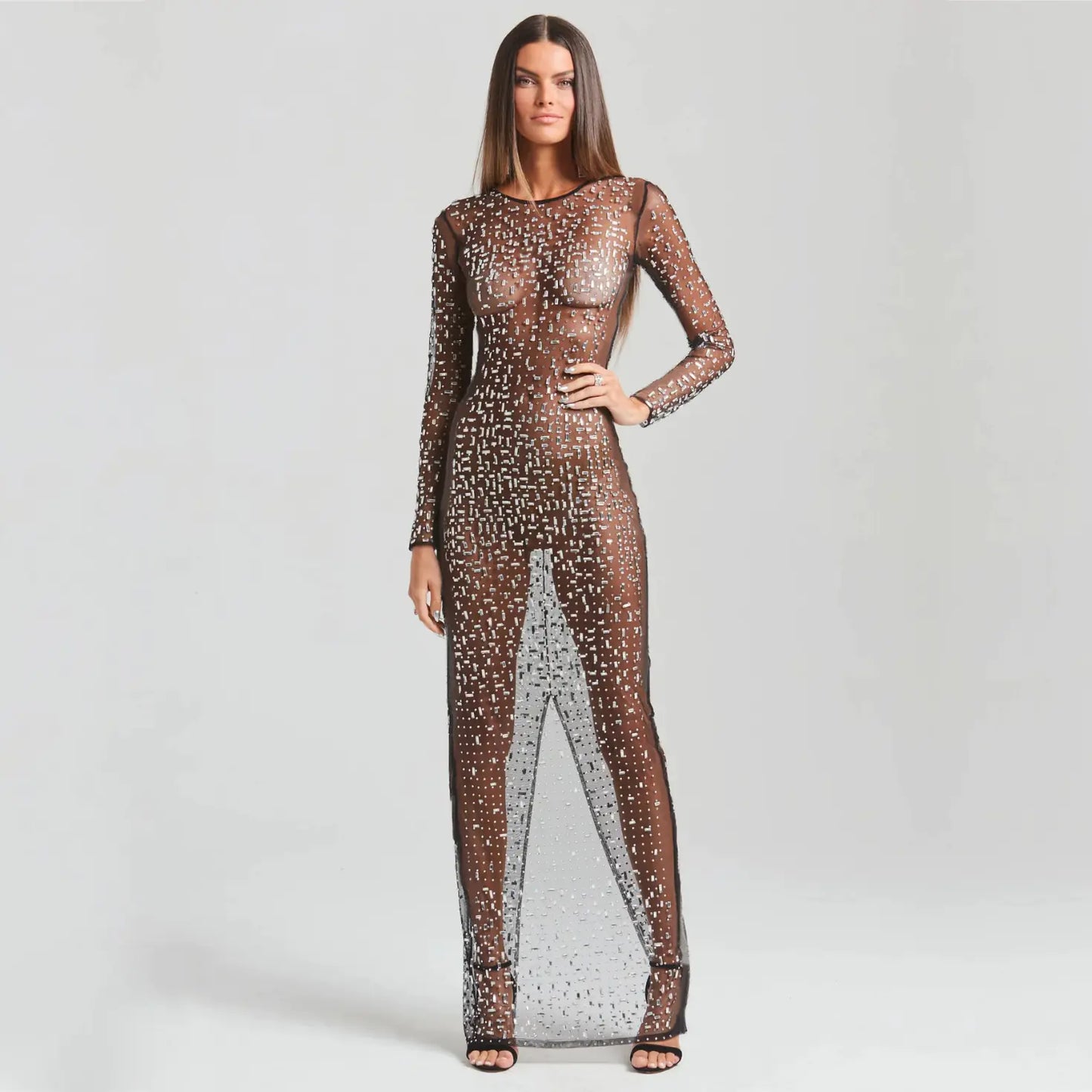 Rhinestone Mesh Long-Sleeve Slit Dress