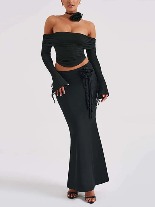 Slim Fit Long Sleeve Top and Skirt Set