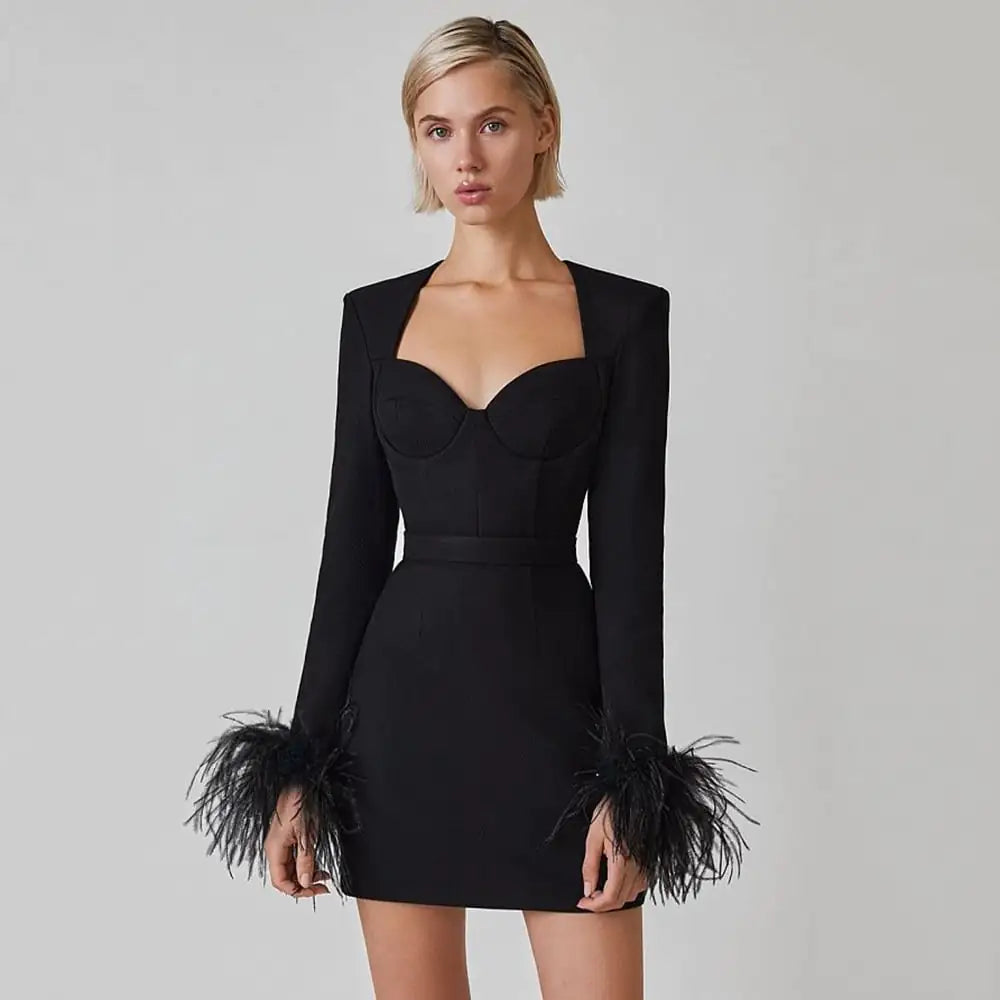 Black Ostrich Feather Cuff Bandage Dress
