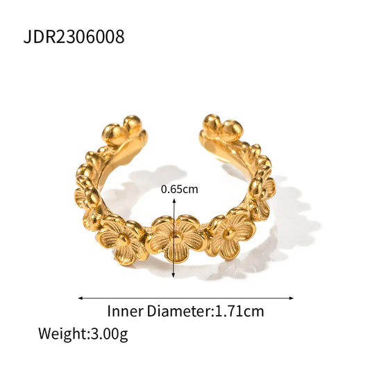 18K Gold Stainless Steel Trendy Flower C Shape Ring