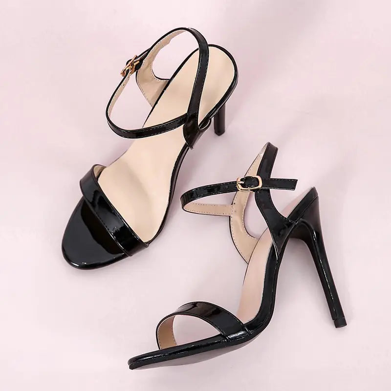 Black Buckle Strap Peep-Toe Sandals