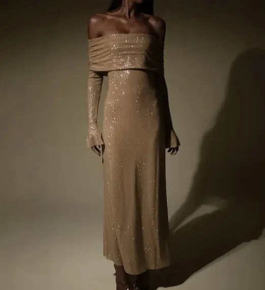 Off Shoulder Slim Rhinestone Dress