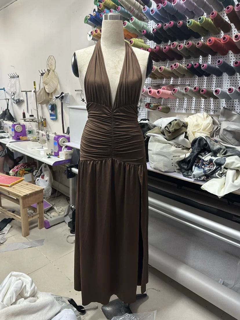 V-Neck Halter Pleated Slit Party Dress