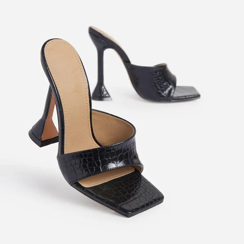 Square Toe Black PU Leather Heels