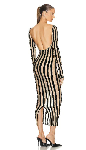 Mesh Striped Slim Dress with Sheer Detail