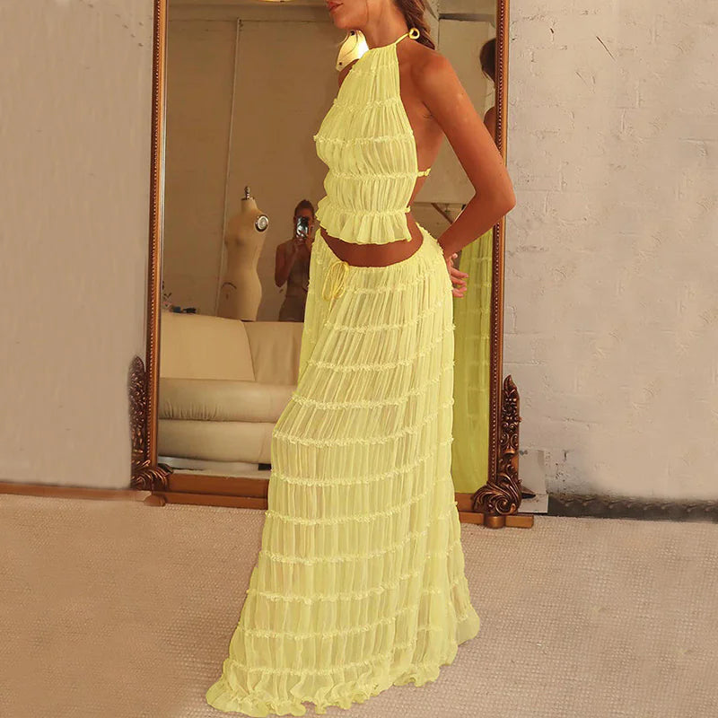 Chic Halter Crop Top and Pleated Maxi Skirt