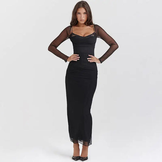 Mesh-Lace Midi Dress with Long Sleeves