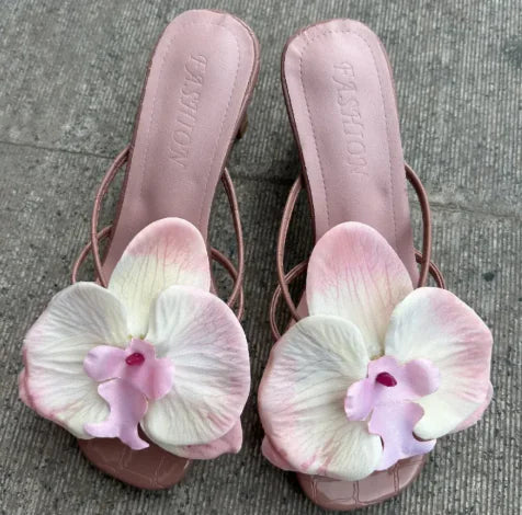 Floral Pattern High-Heel Slide Sandals
