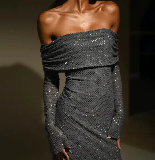 Off Shoulder Slim Rhinestone Dress