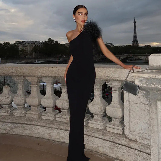 Black Off Shoulder Fur Maxi Dress
