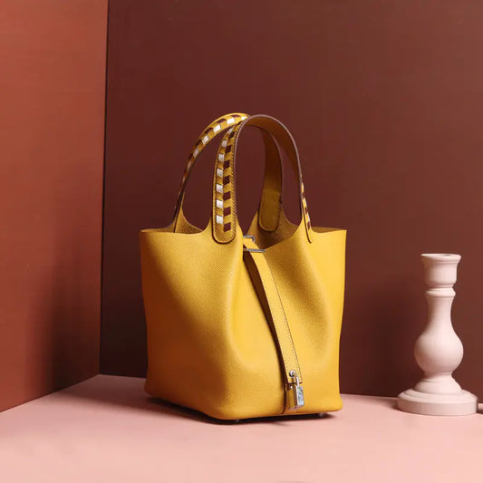 Genuine Leather Woven Bucket Tote Bag