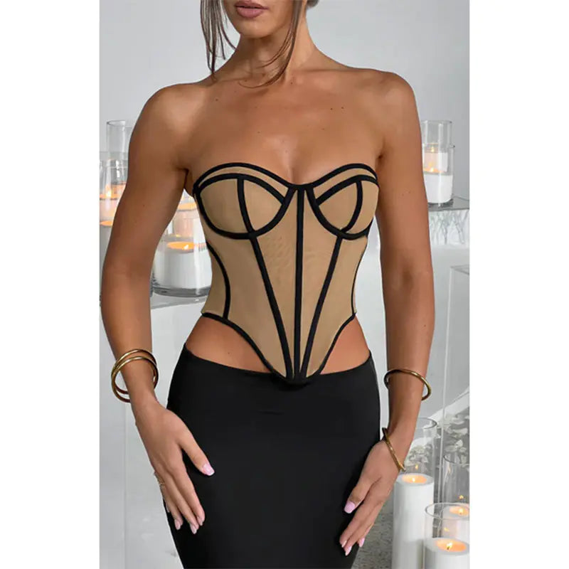 Strapless Color Block Backless Bustier Top