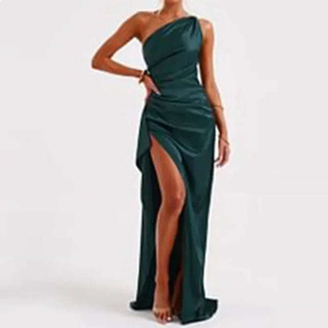 Sleek Satin One Shoulder Slit Dress