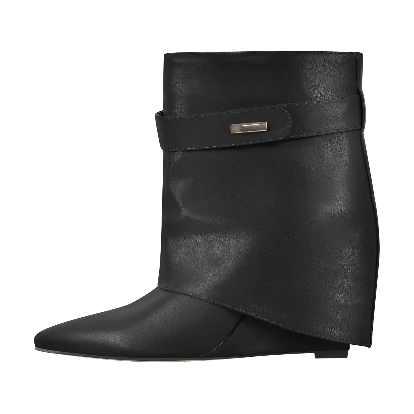 Black Foldover Pointed Toe Wedge Ankle Boots