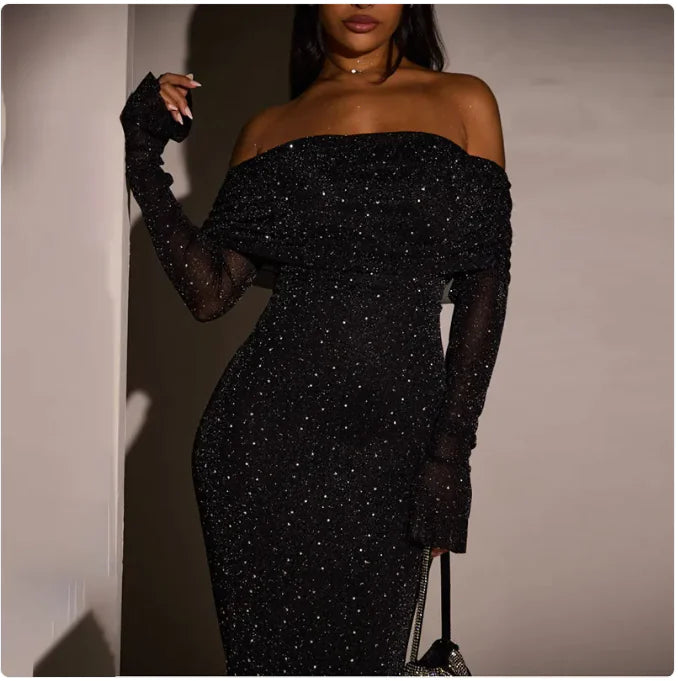 Sequined Off Shoulder Maxi Dress