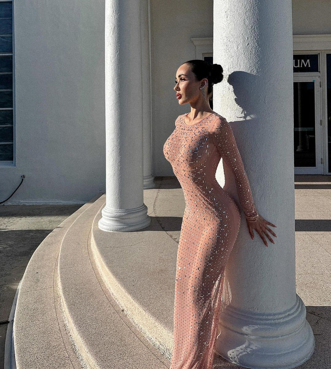 Rhinestone Mesh Long-Sleeve Slit Dress