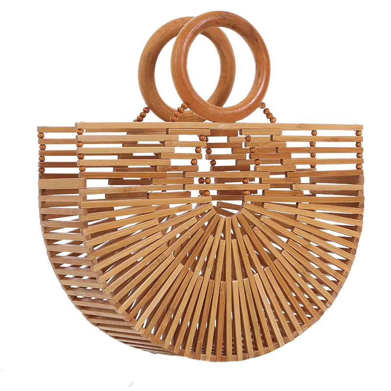 Bamboo Woven Half-Moon Beach Tote Bag