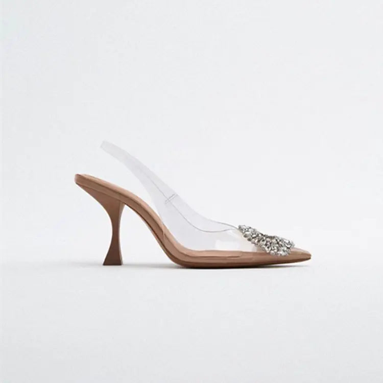 Transparent Rhinestone Pointed-Toe Mule Heels