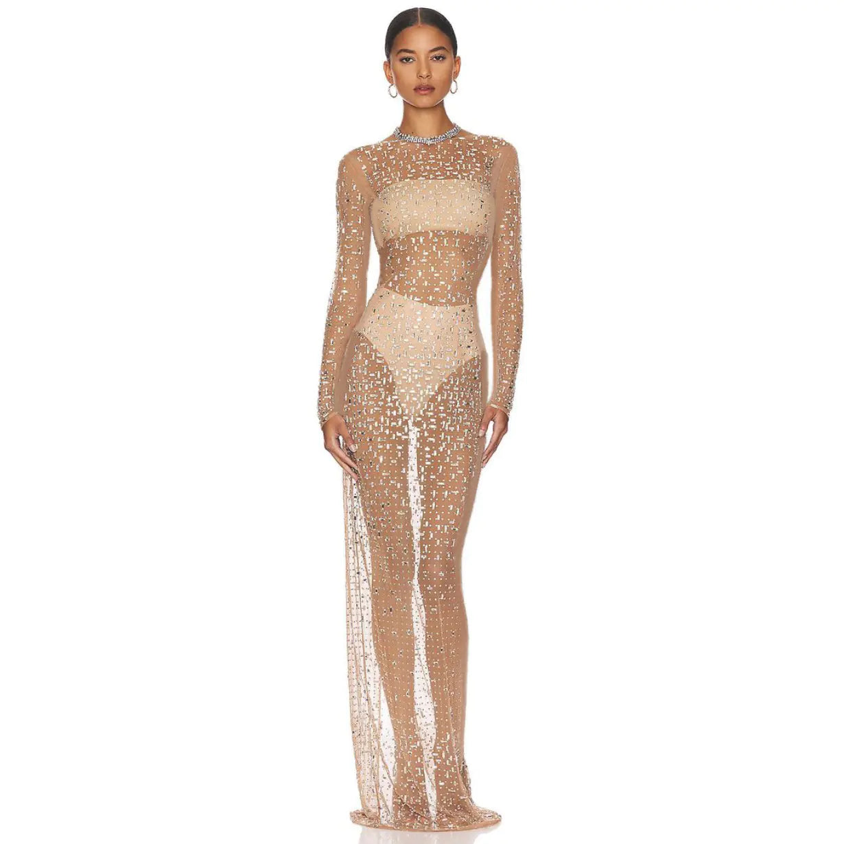 Rhinestone Mesh Long-Sleeve Slit Dress