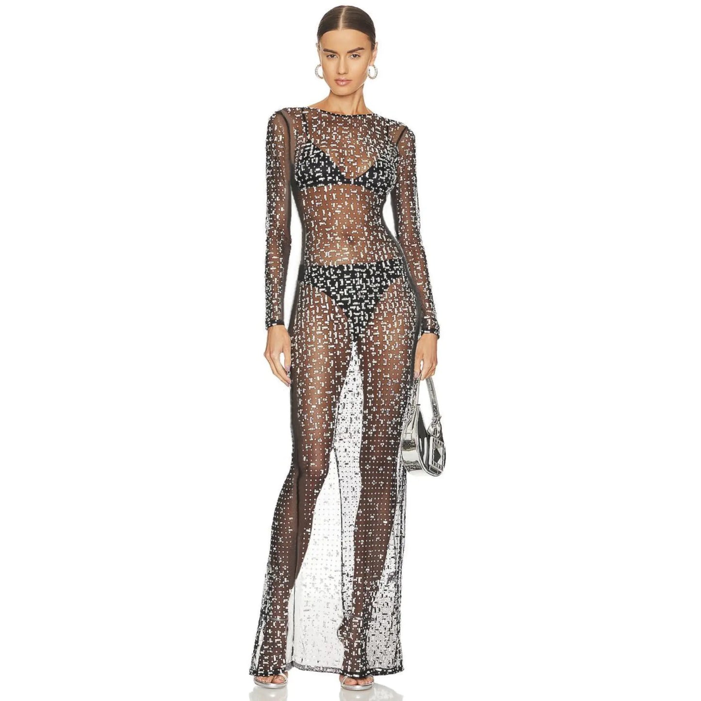 Rhinestone Mesh Long-Sleeve Slit Dress
