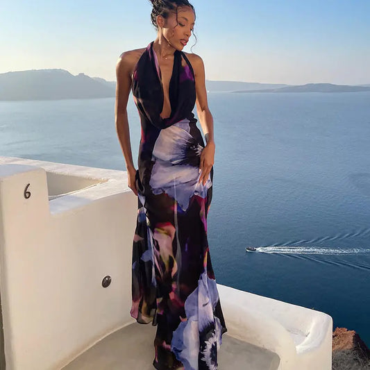 Purple Print Backless High Waist Long Dress