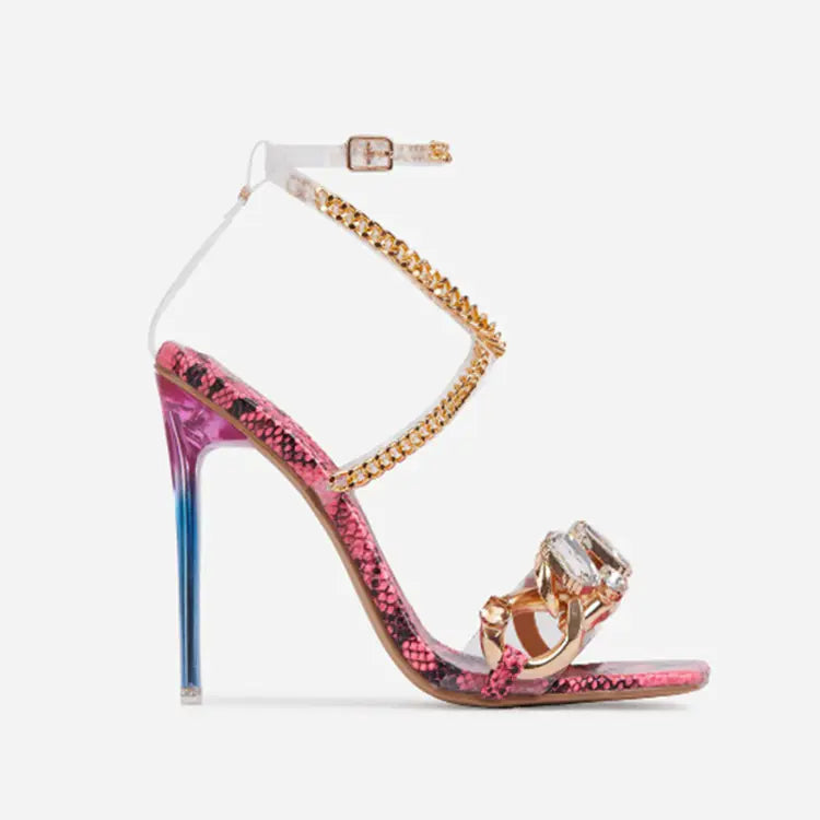 Square-Toe Rhinestone Strap Heels