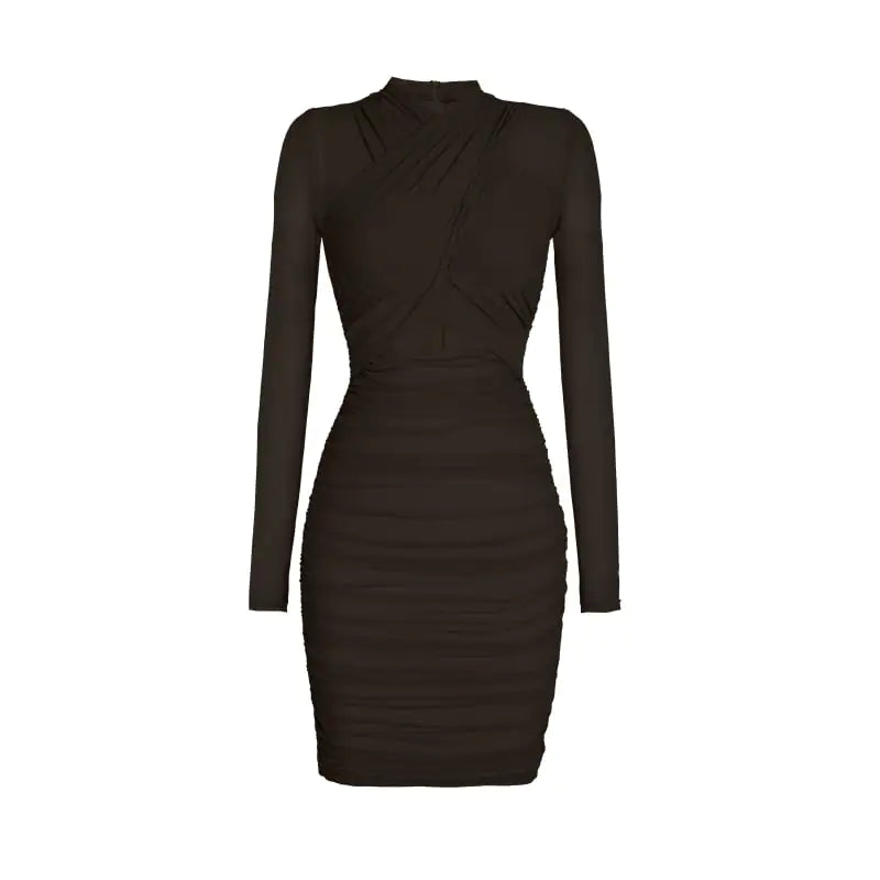 High Waist Pleated Wrapped Long Sleeve Dress