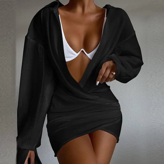 Deep V Neck Long Sleeve Mini Dress