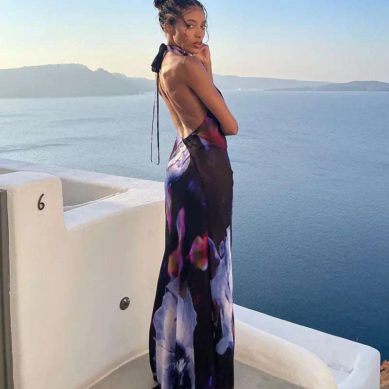Purple Print Backless High Waist Long Dress