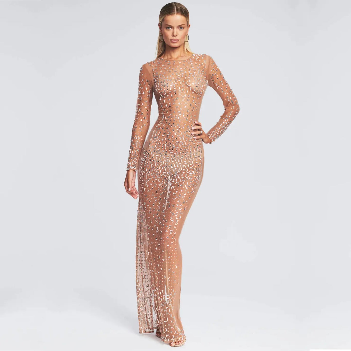Rhinestone Mesh Long-Sleeve Slit Dress