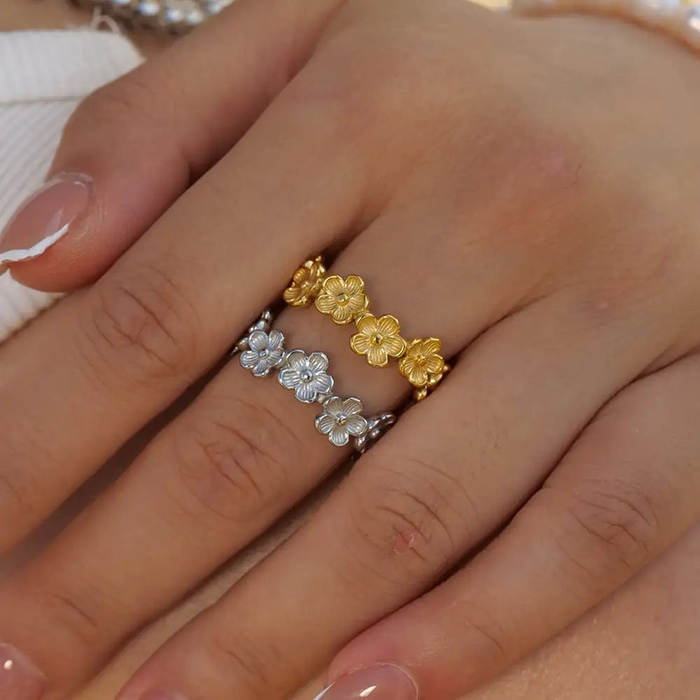 18K Gold Stainless Steel Trendy Flower C Shape Ring