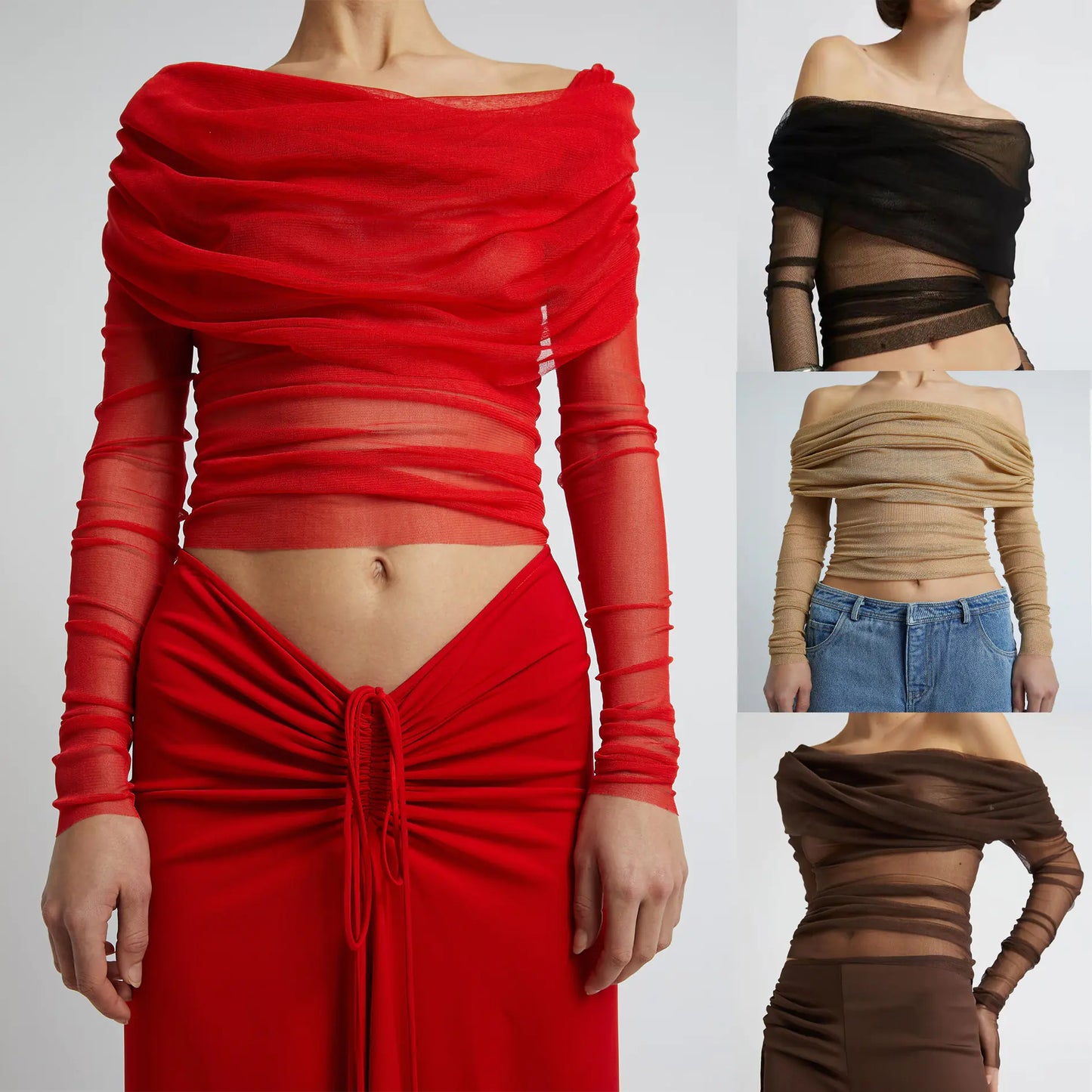 Sheer Off-Shoulder Mesh Long-Sleeve Top