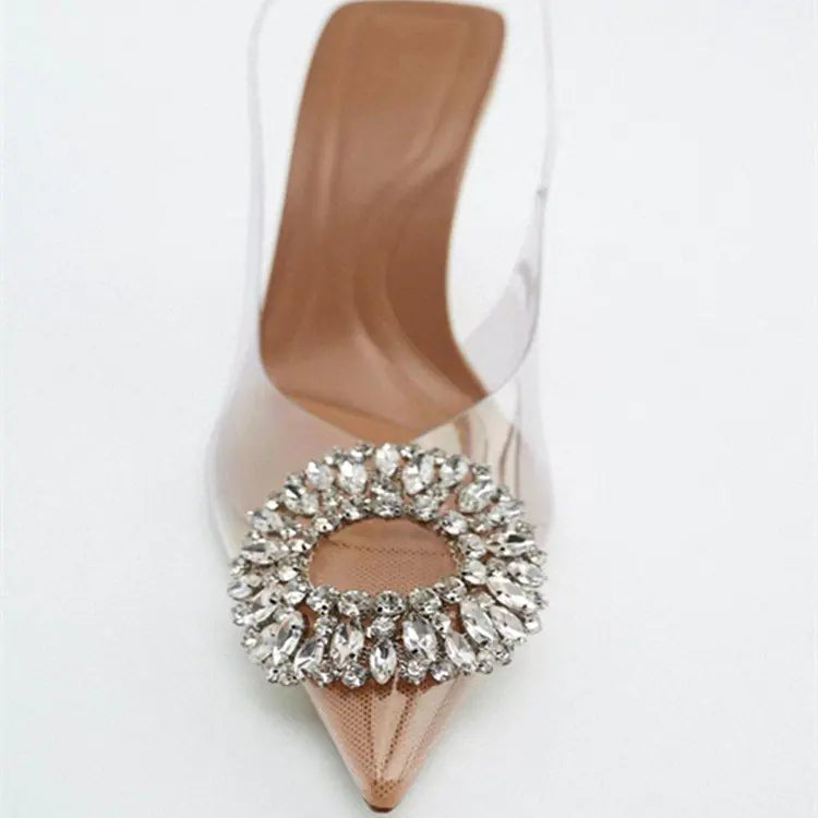 Transparent Rhinestone Pointed-Toe Mule Heels