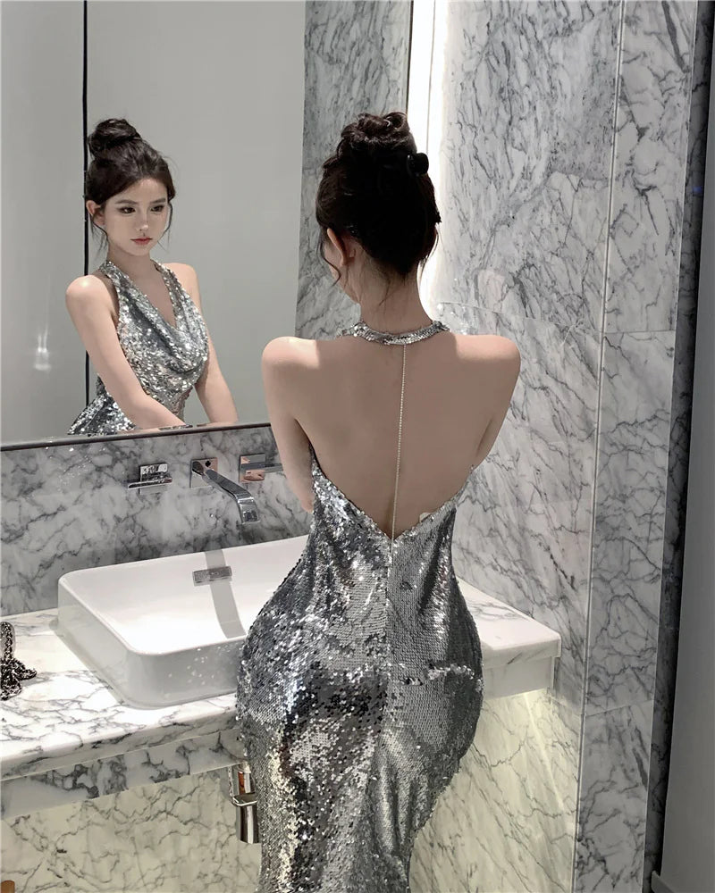 Elegant Glitter Silver Evening Party Dress