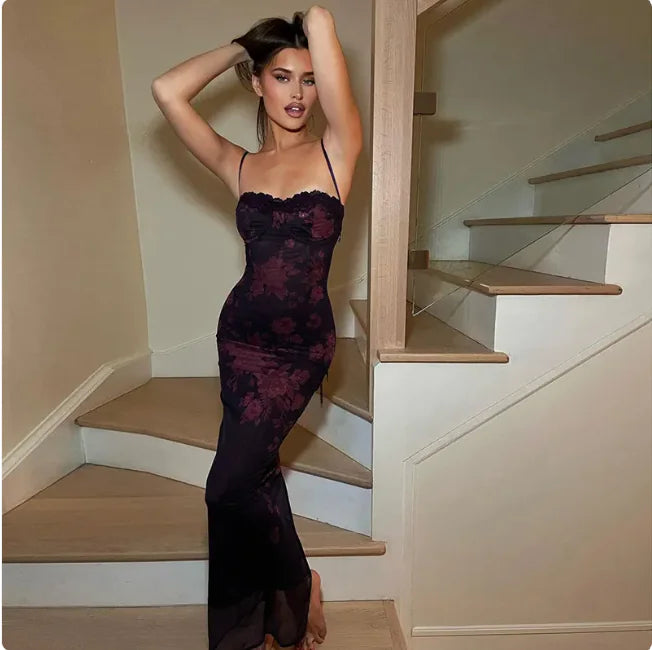 Wine Red Lace Slim Fit Sling Dress