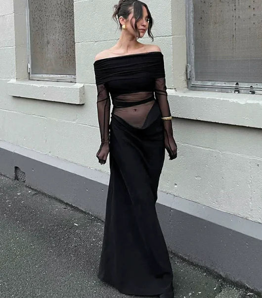 Semi-Sheer Off-Shoulder Ruched Maxi Dress