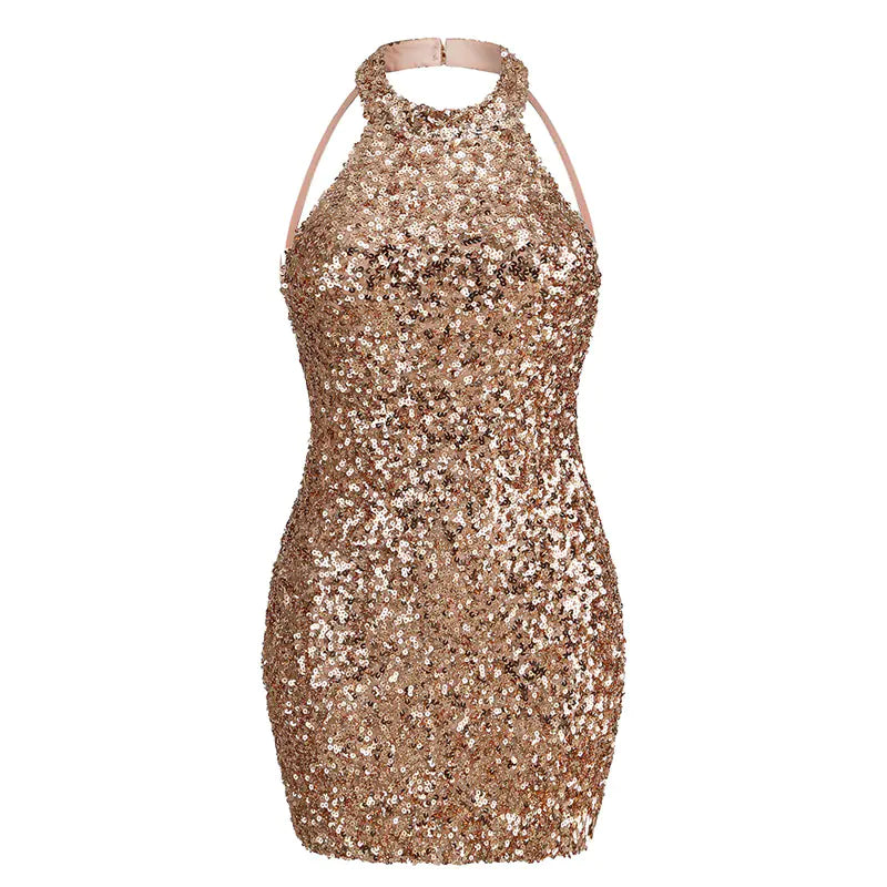 Backless Halter Sequin Slim Mini Dress