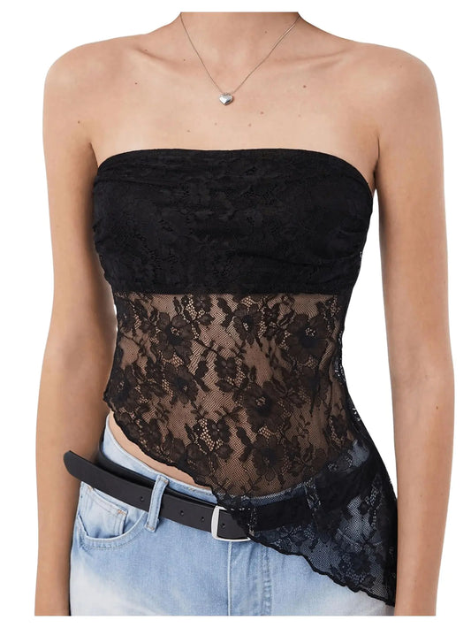 Black Strapless Asymmetrical Mesh Tube