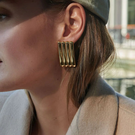 18K Gold Striped Stainless Steel Earrings