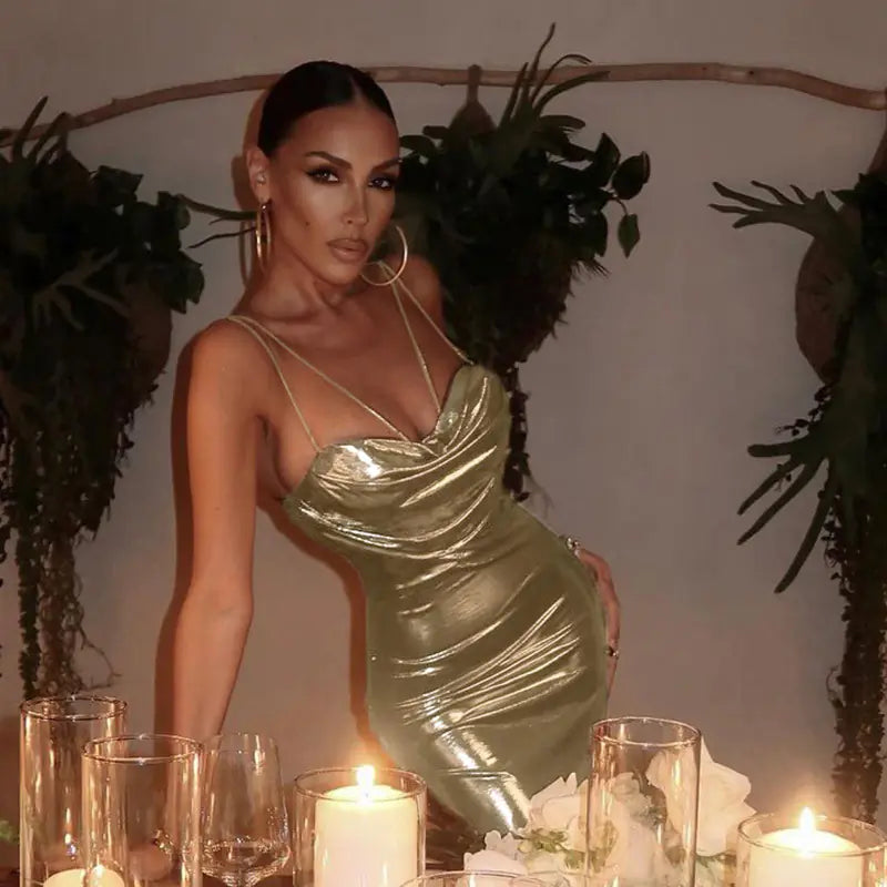 High Waist Sleeveless Gold Bodycon Dress