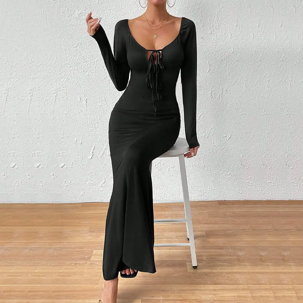 U-Neck Long Sleeve Lace-Up Bodycon Dress