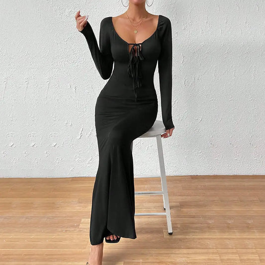 U-Neck Long Sleeve Lace-Up Bodycon Dress