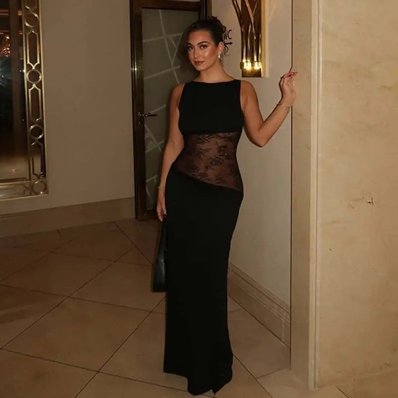 See-Through Lace Sleeveless Long Dress