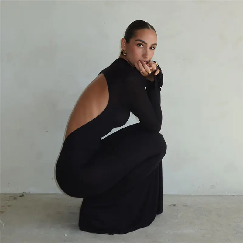Backless Slim Fit Long-Sleeve Evening Dress