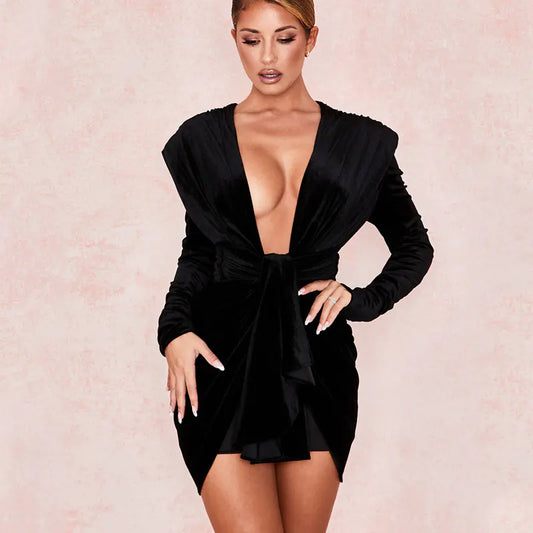Black Velvet V-Neck Pleated Sheath Dress