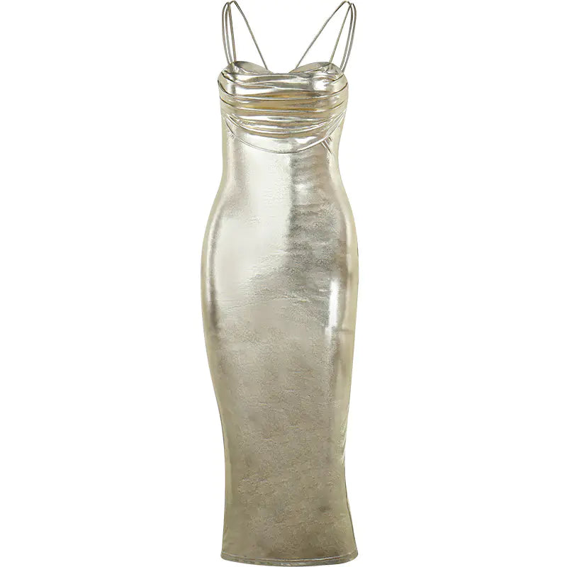 High Waist Sleeveless Gold Bodycon Dress