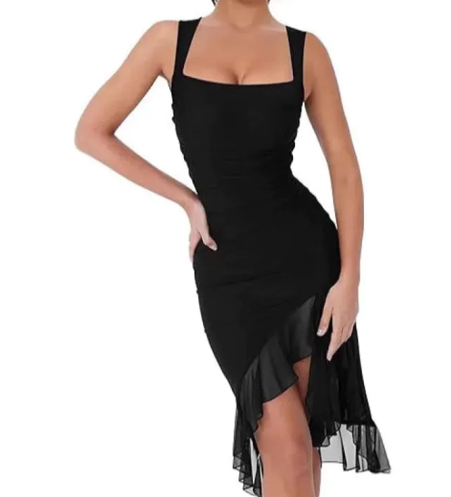 Black U-Neck Mesh Splice Slim Dress