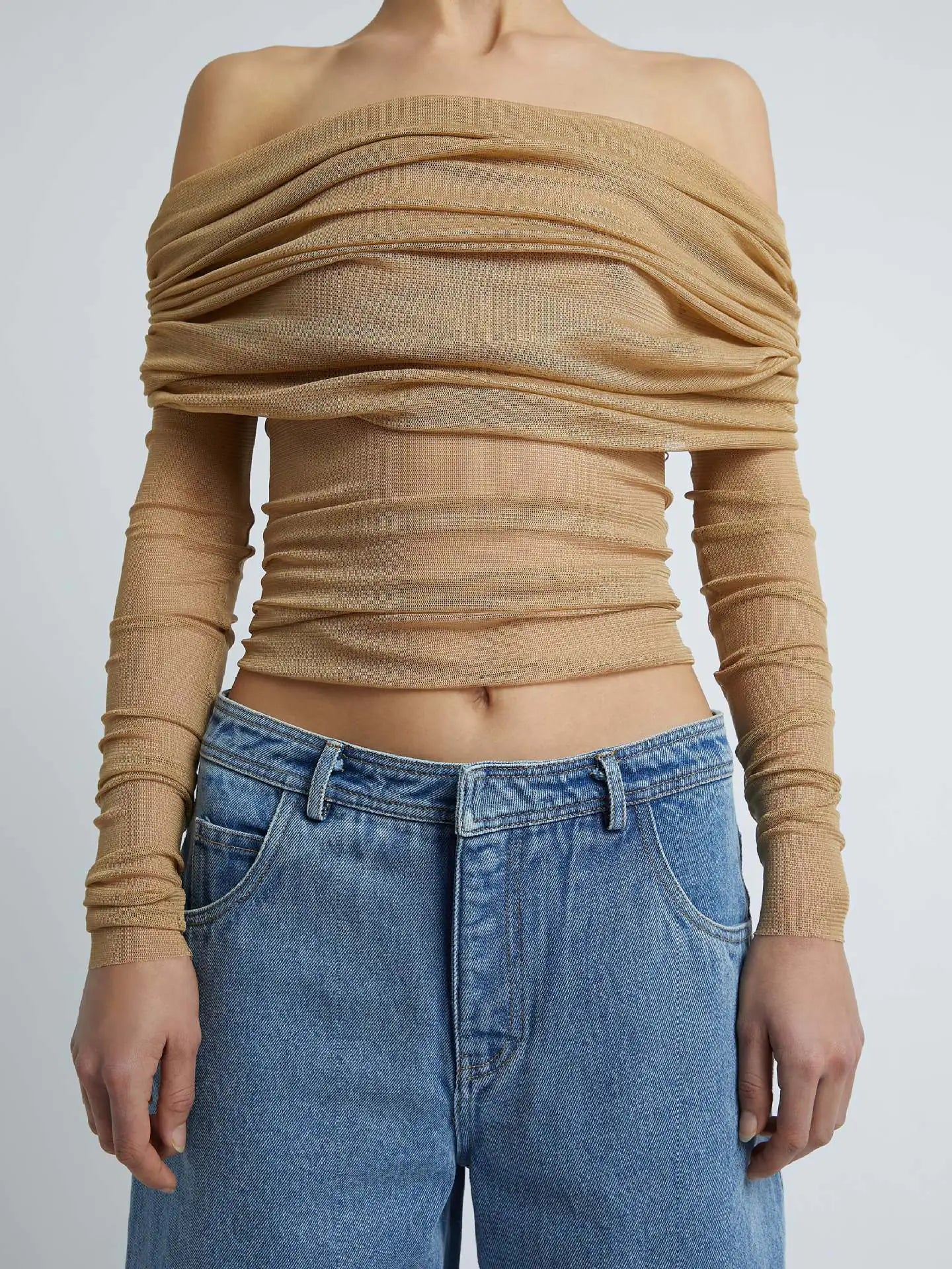 Sheer Off-Shoulder Mesh Long-Sleeve Top