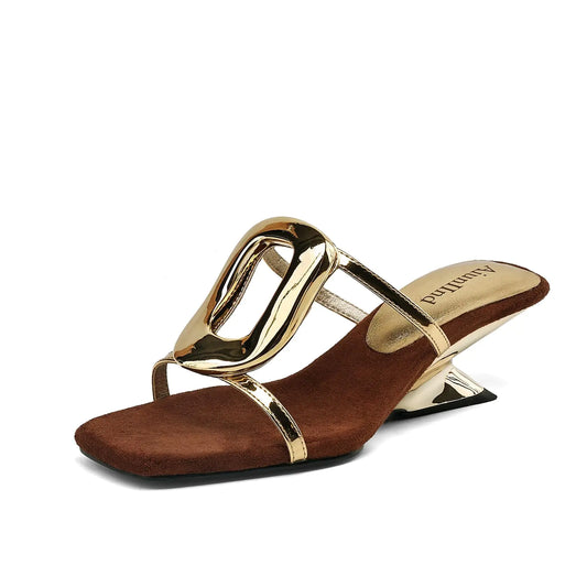 Gold Square Toe Chunky Heel Slides