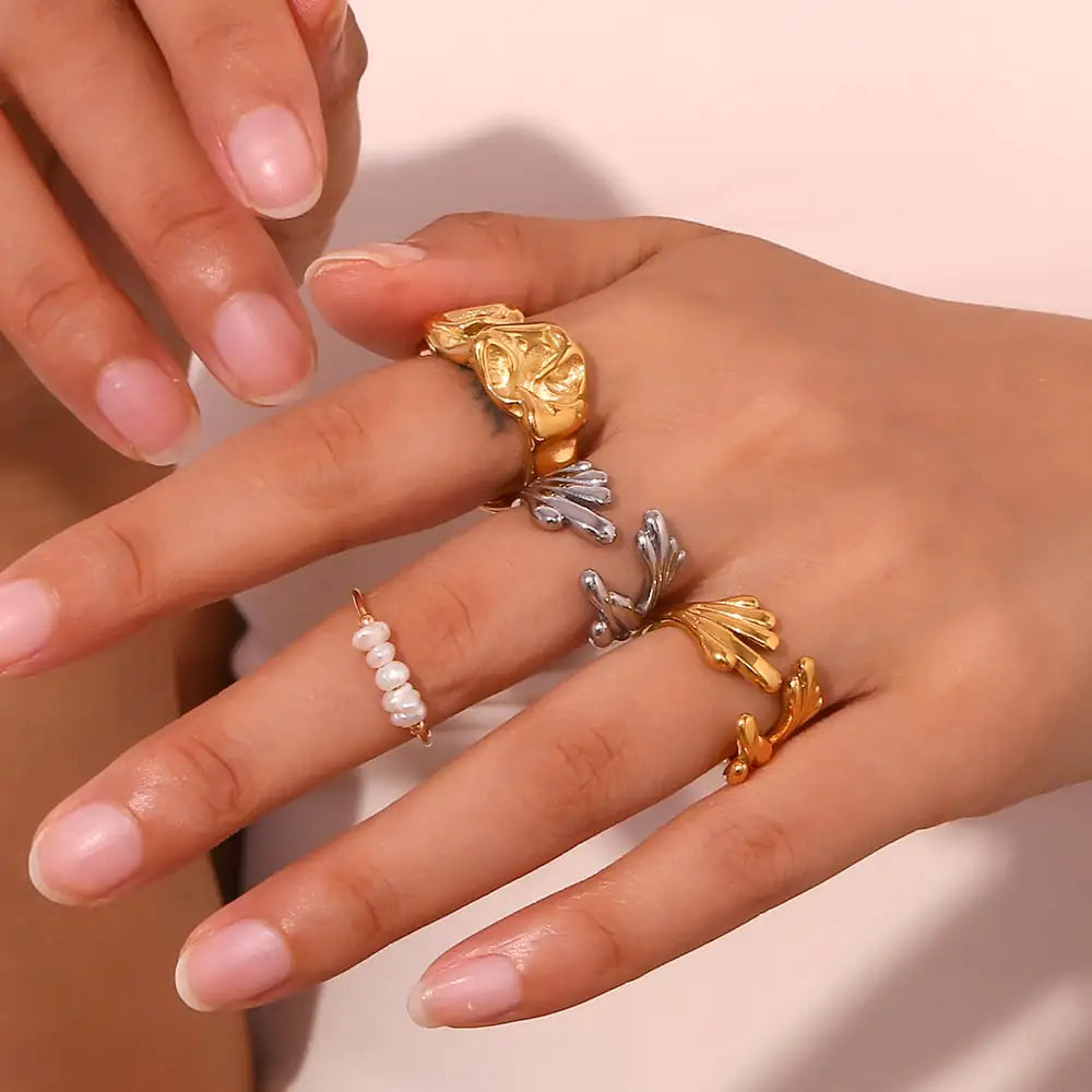 18K Gold Wave Flower Ring in Stainless Steel